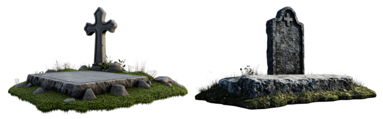 Eerie Halloween Set of Tombstone Cross Gravestone in 3D Render Isolated on Transparent Background