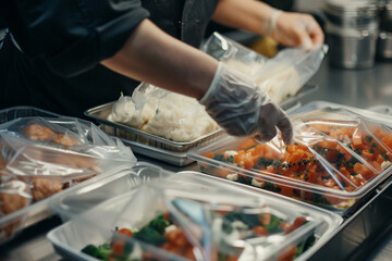 Chef Packaging Food in Containers