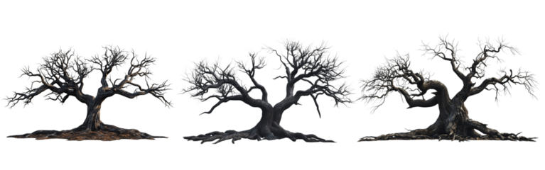 Set of Spooky Halloween 3D Render of Creepy Dry Tree on Transparent Background