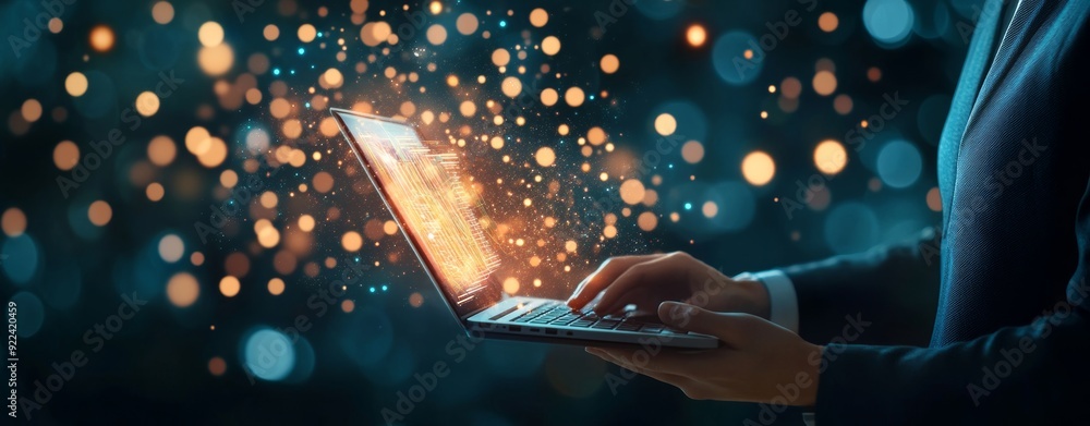 Poster technology background for big data. laptop using an internet connection, data analytics, and social 