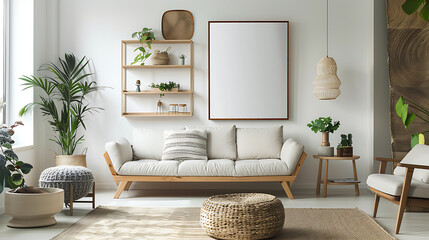 A bright and airy living room with a white sofa, wood accents, and plenty of plants. The large frame above the sofa could be used to display artwork or a photo.