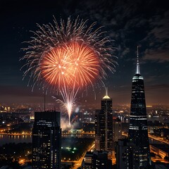High-Tech Fireworks Display Over a Modern Metropolis with Advanced Lighting Effects