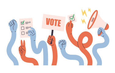Comic flexible hands. Colored human arms holding vote ballots and megaphone, participate in voting. Voting and elections concept. Vector illustration in flat style