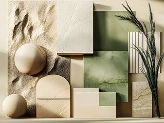 interior design material moodboard with beige and green colors
