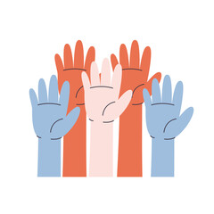 Fototapeta premium Raised up hands. Election campaign for civil rights, protest event, rally. Voting and elections concept. Vector illustration in flat style