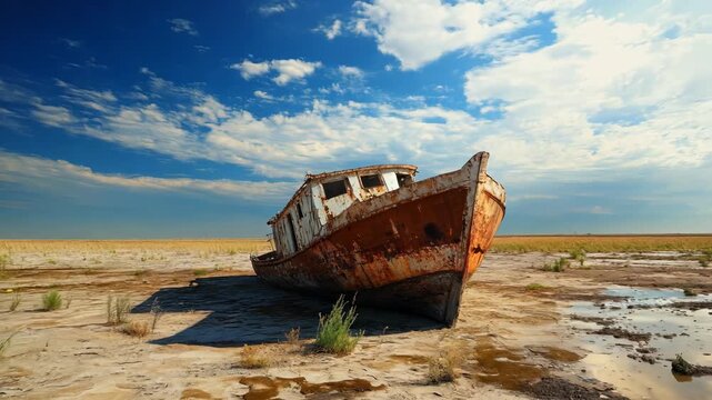 Abandoned ship on dry desert land. Aral Sea landscape. Natural disaster and drought concept. Global warming and climate change. Banner with copy space