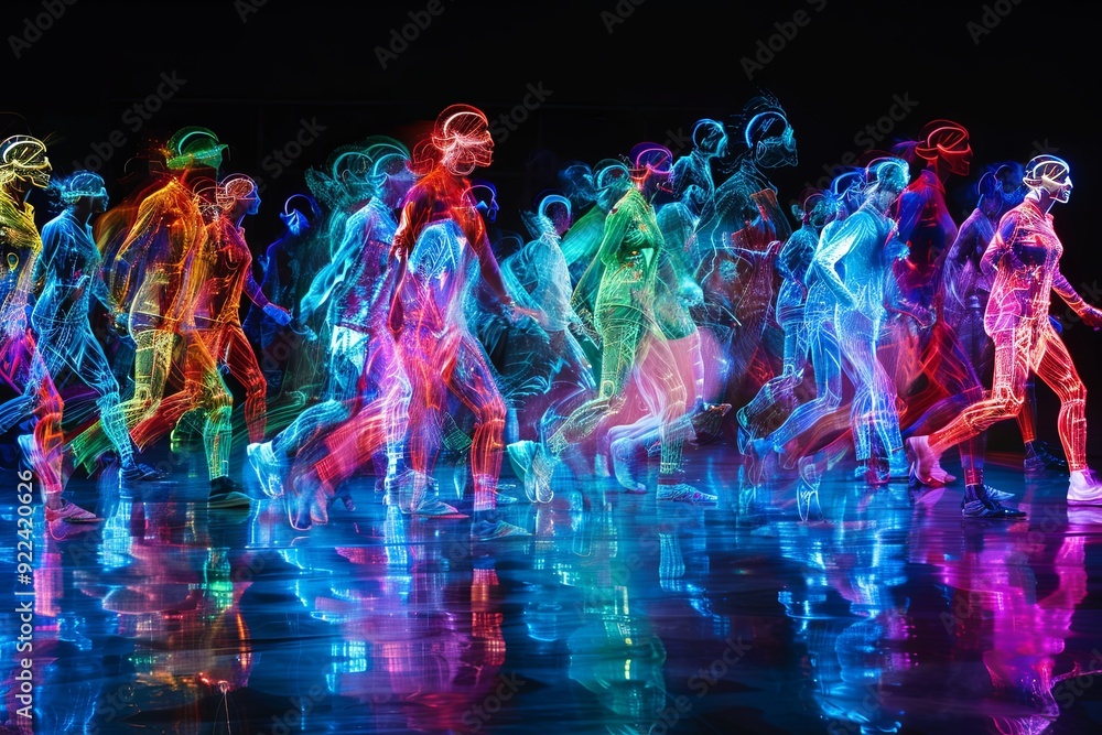 Aufkleber a group of people running with neon light outlines on a dark background with reflections on the grou