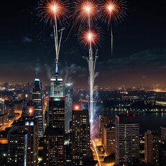 High-Tech Fireworks Display Over a Modern Metropolis with Advanced Lighting Effects