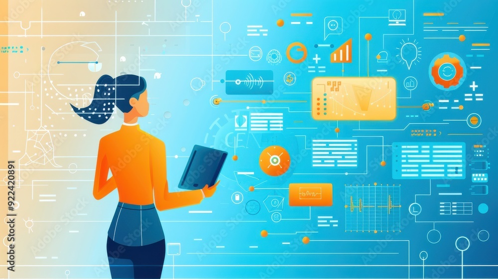 Poster data science, machine learning algorithms, flat design illustration