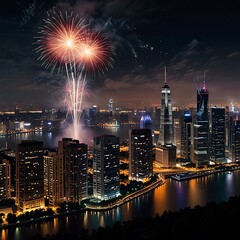 High-Tech Fireworks Display Over a Modern Metropolis with Advanced Lighting Effects