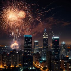 High-Tech Fireworks Display Over a Modern Metropolis with Advanced Lighting Effects