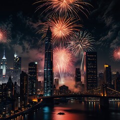 High-Tech Fireworks Display Over a Modern Metropolis with Advanced Lighting Effects