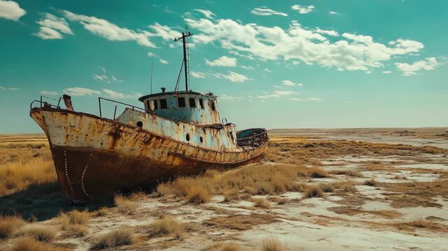 Abandoned ship on dry desert land. Aral Sea landscape. Natural disaster and drought concept. Global warming and climate change. Banner with copy space