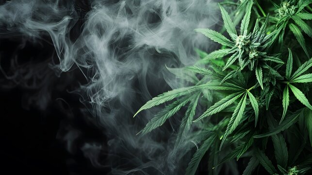 Marijuana leaves on a smoke background, close up top view on cannabis leaves and branches on smoke background for alternative medical and marketing design concept