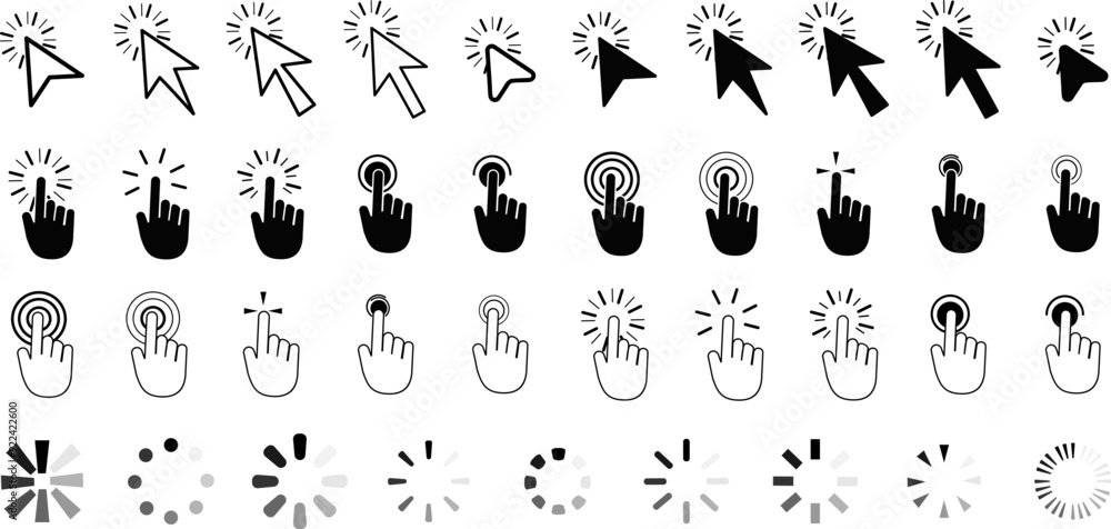 Poster computer mouse click cursor gray arrow icons set and loading icons. cursor icon. vector illustration