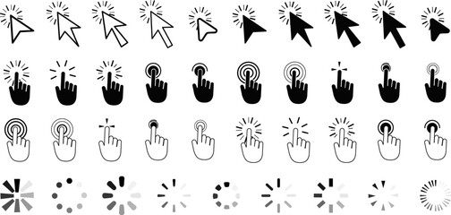 Fototapeta premium Computer mouse click cursor gray arrow icons set and loading icons. Cursor icon. Vector illustration. Mouse click cursor collection