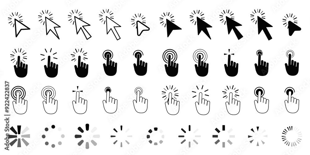 Poster computer mouse click cursor gray arrow icons set and loading icons. cursor icon. vector illustration