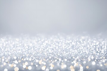 Blurred white bokeh lights and sparkling glitter on silver background. Festive holiday and celebration concept. Design for wallpaper, banner, poster and greeting card