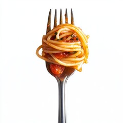 Close up of silver fork with pasta, tomatoes sauce and basil leaf on an isolated white background