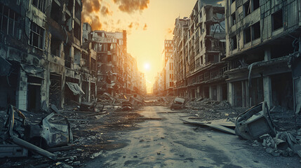 A postapocalyptic ruined city Destroyed buildings burntout vehicles and ruined roads  looking soo apocalyptic ruins