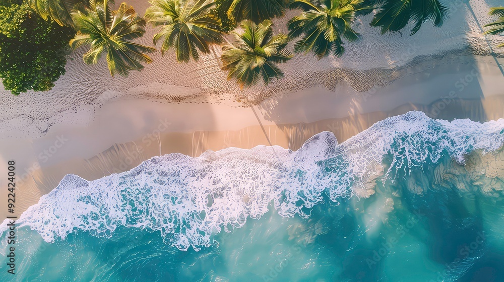 Poster an aerial view of a beach with palm trees and turquoise water. the white foam from the waves is visi