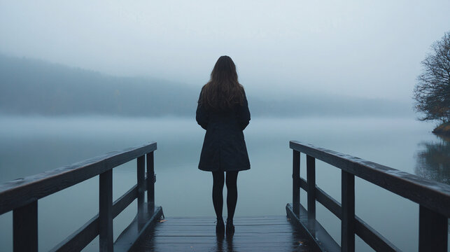 A young woman standing on a footbridge by a lake, staring at the sunrise on a misty, foggy morning.
