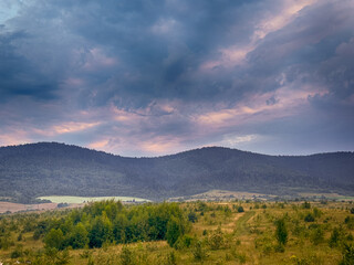 Wonderful landscape view on the Carpathian Mountains during the sunset in the summer season 