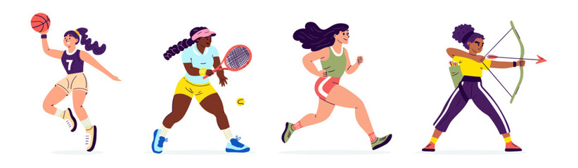 Vector illustrations depict active women engaging in various sports, including running, basketball, tennis, and archery