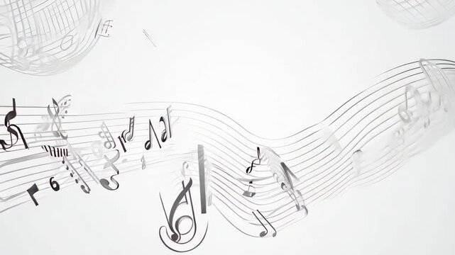 Musical notes and lines on white background. Abstract animation background