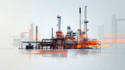 Obraz premium Futuristic digital rendering of an industrial refinery complex with blending elements of technology and architecture, emphasizing pipelines and chimneys.
