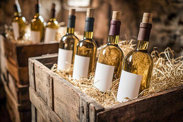 Naklejka premium Wine bottles with blank labels on display in an old wooden crate, close-up shot, soft-focus background of a wine shop, warm and inviting atmosphere, detailed texture of the wood and straw background, 