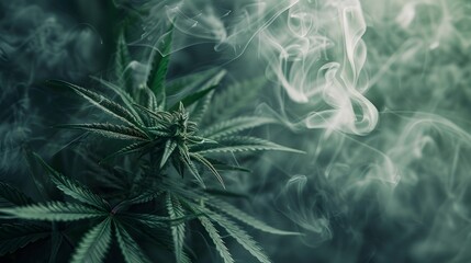 Marijuana leaves on a smoke background, close up top view on cannabis leaves and branches on smoke background for alternative medical and marketing design concept
