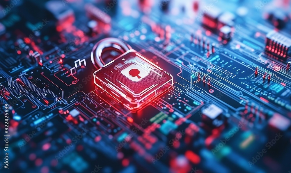 Aufkleber the term 'cyber security' is described as consisting of an abstract computer chip, technology backgr