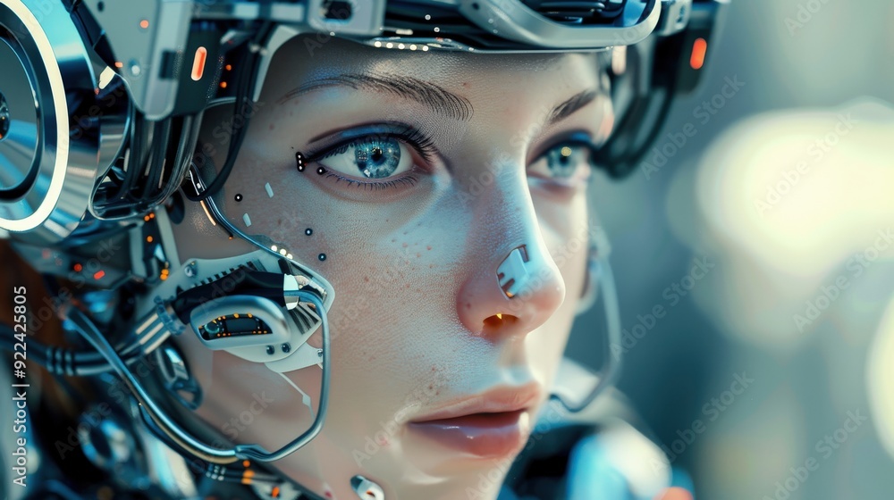Poster a cyborg with a human-like face displays intricate features and technology, lost in contemplation in