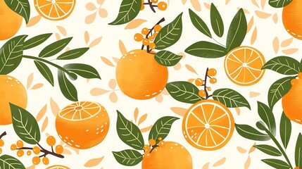   Orange pattern with leaves and berries on white background