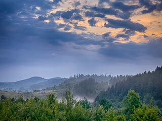 Wonderful landscape view on the Carpathian Mountains during the sunset in the summer season 