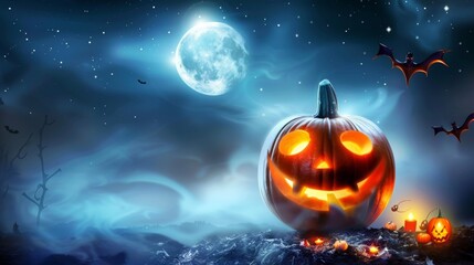 Fototapeta premium pumpkins with faces glowing from within in a forest. halloween concept