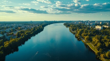 Fototapeta premium Birdseye cityscape of river and buildings.