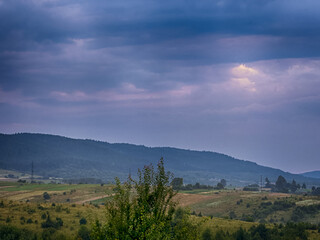 Wonderful landscape view on the Carpathian Mountains during the sunset in the summer season 