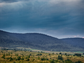 Wonderful landscape view on the Carpathian Mountains during the sunset in the summer season 