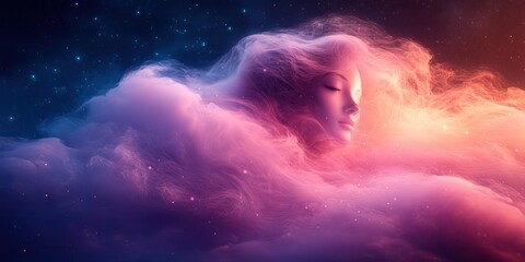 Fototapeta premium Ethereal Dreamscape: Surreal Woman's Face in Colorful Smoke Cloud Against Starry Night Sky