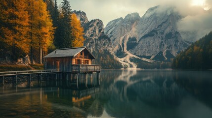 Naklejka premium Cabin on a Mountain Lake