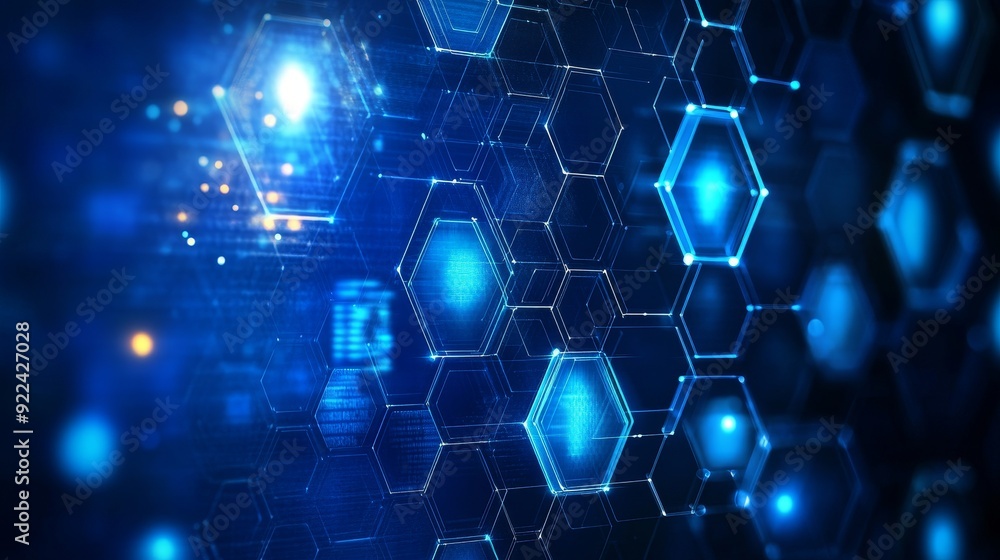 Poster a blue background with hexagonal patterns and glowing lights suggests technology or science