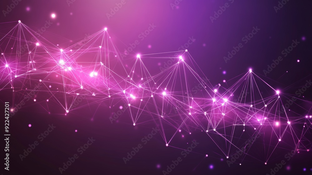 Poster luminous pink and purple dots are connected by laser-like lines across a dark violet background with