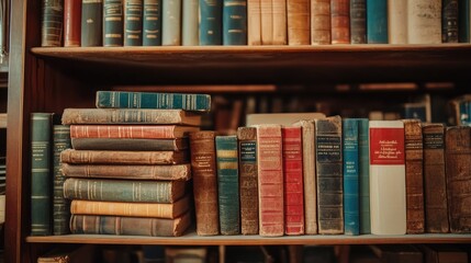 Naklejka premium A well-used bookshelf, featuring a blend of old, worn books alongside newer editions, each telling its own story.