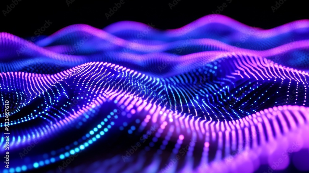 Poster a futuristic dots pattern is shown on a dark background. colored music waves. big data digital code 