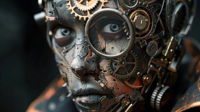 A detailed robotic face showcases an array of gears and metallic features, creating a striking steampunk aesthetic in low light