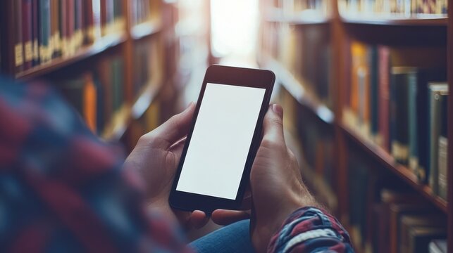 Man Holding Smartphone with Blank Screen in Library