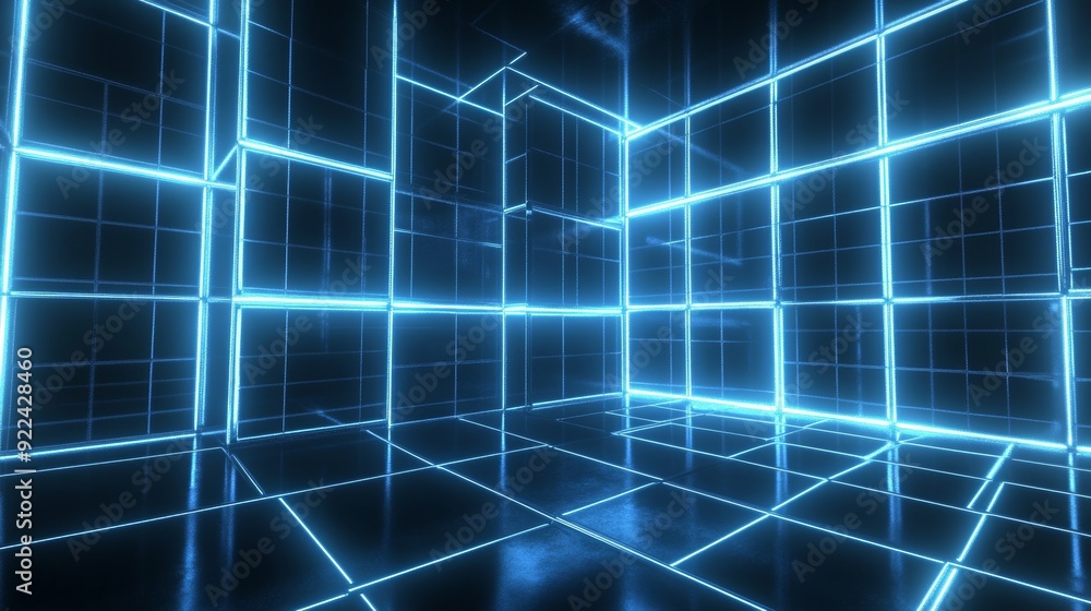 Poster background of futuristic, blue digital grid with network tech. 3d rendering.