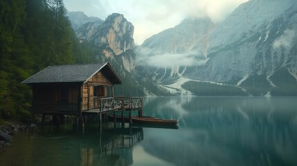 Fototapeta premium Secluded Cabin by a Mountain Lake